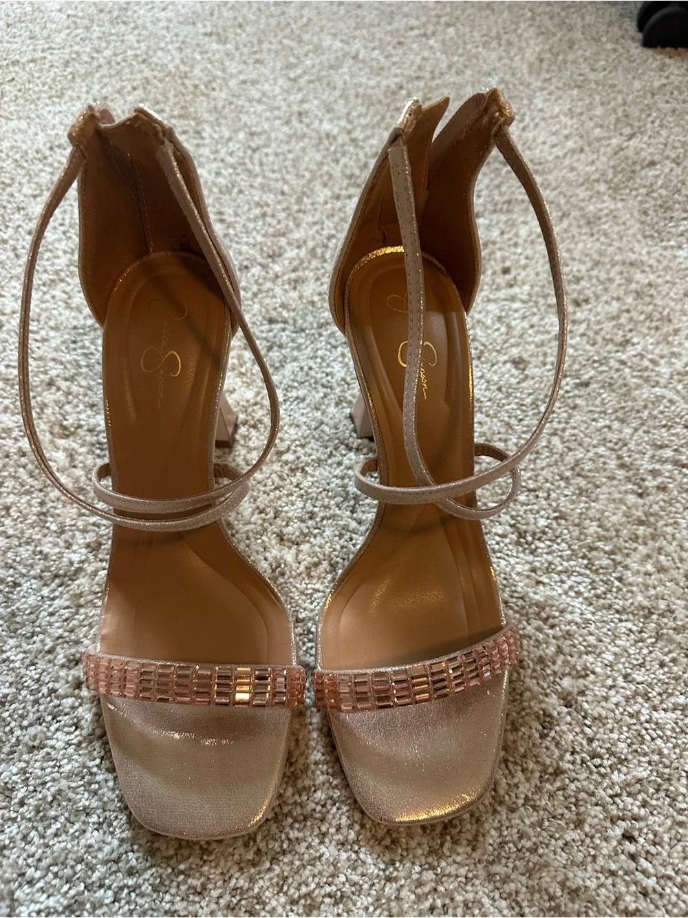 Jessica Simpson Rose Gold Bejeweled Ankle-Strap Block Heels